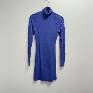 Bebe Blue Turtleneck Knit Size S Cutout Lace Shoulder Bodycon Sweater Dress Mini